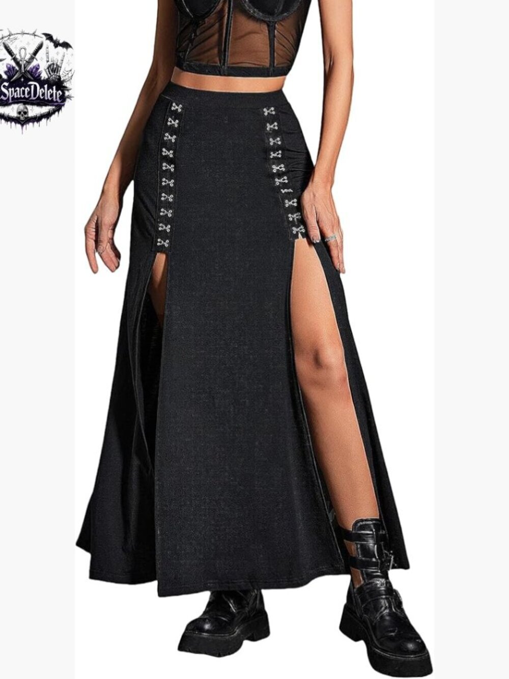 Stretchy High Waist Maxi Skirt with Double Slit, Punk Gothic Style